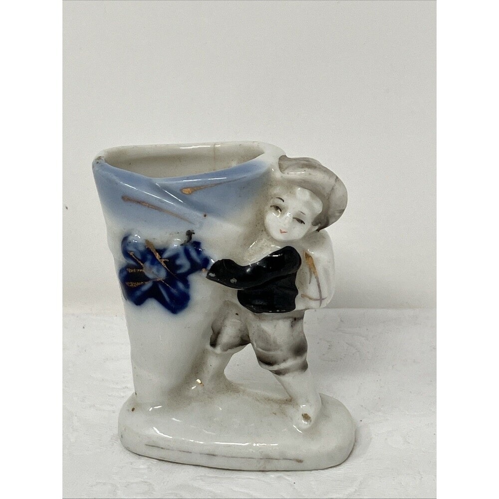 Vintage Made in Occupied Japan Toothpick Holder Bud Vase School Boy w/Satchel